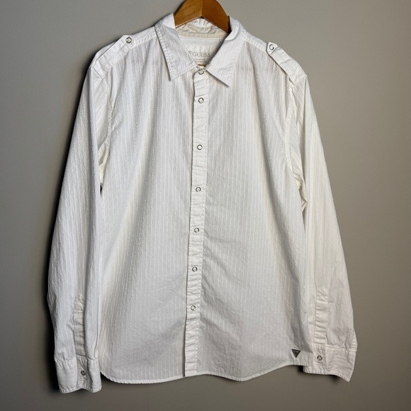 GUESS Men's Jacquard Long‎ Sleeve Snap Up Dress Shirt White XXL Shoulder Strap - Picture 1 of 16